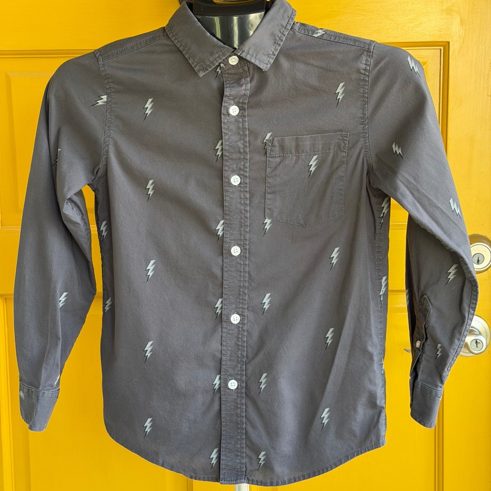 Cat & Jack Boys Lightning Bolt Print Button Down Shirt Long Sleeve Size M 8/10